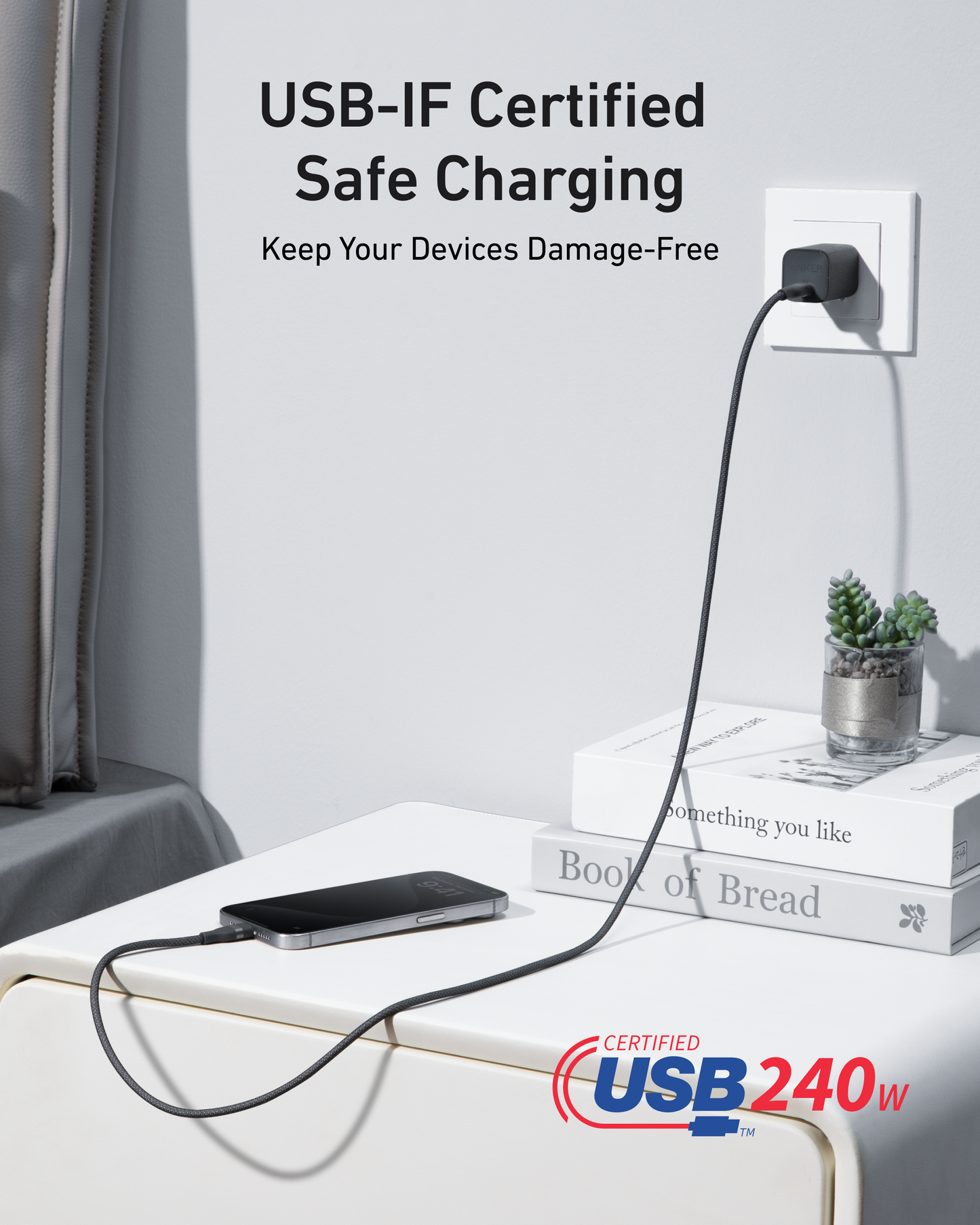 (Black) Anker Nano 45W Smart Display Charger + (0.9m Black) Anker USB-C to USB-C Cable (240W, Upcycled-Braided)