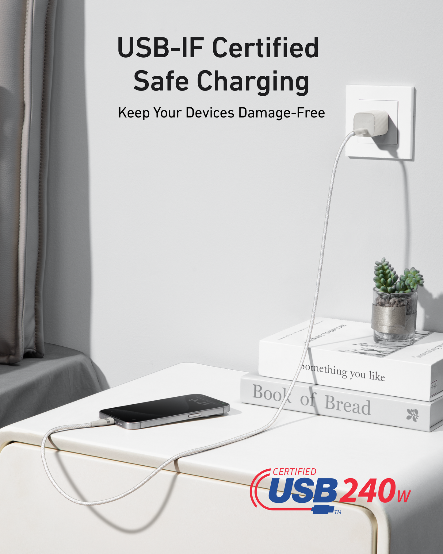 (White) Anker Nano 45W Smart Display Charger + (0.9m White) Anker USB-C to USB-C Cable (240W, Upcycled-Braided)
