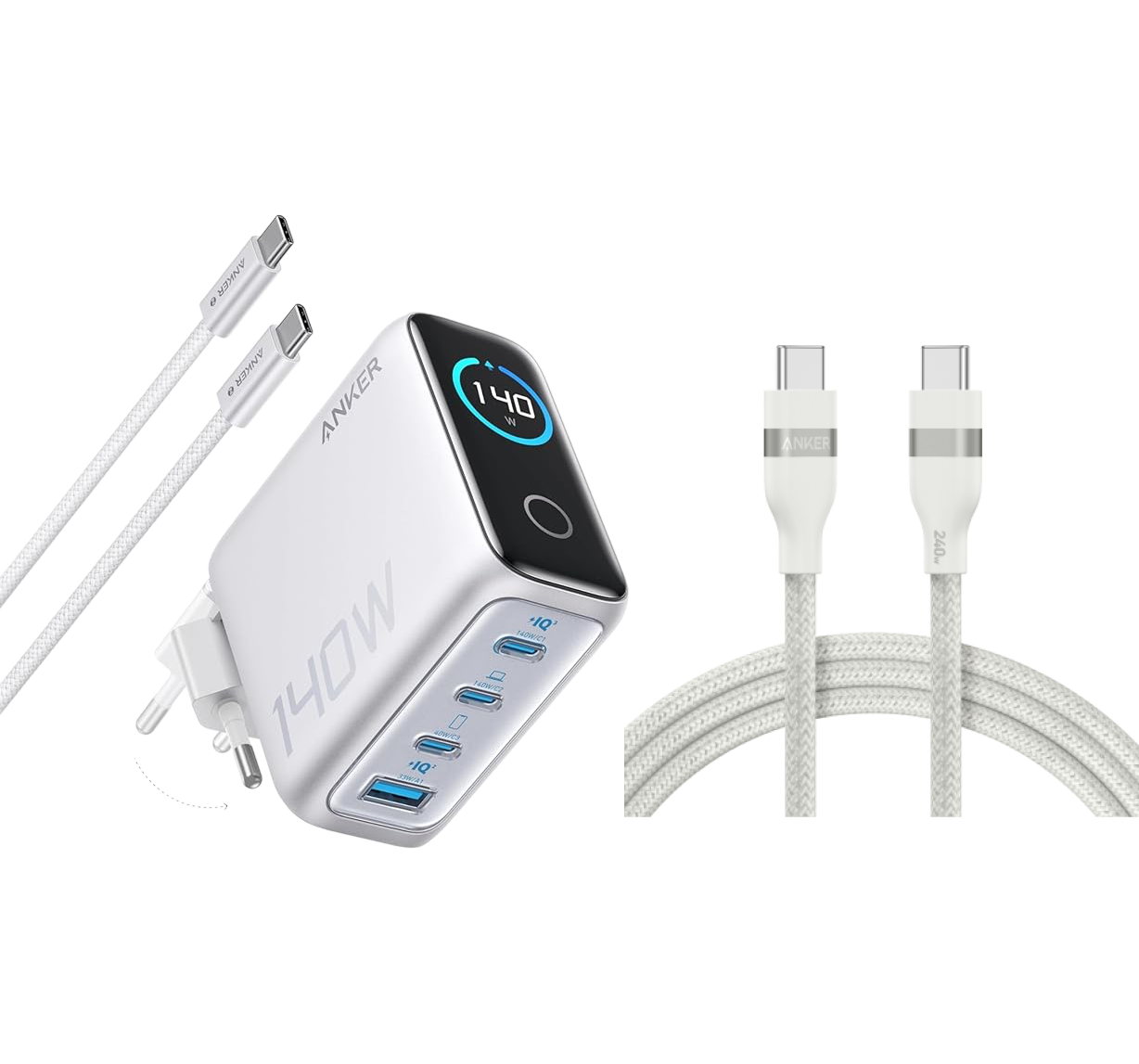Anker Laptop Charger (140W, 4-Port, PD 3.1) with USB-C Cable + Anker USB-C to USB-C Cable (240W, Upcycled-Braided)