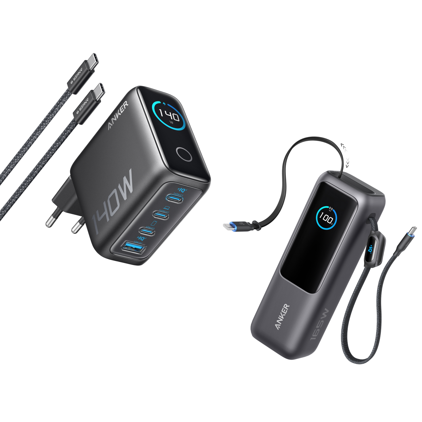 Anker Laptop Charger (140W, 4-Port, PD 3.1) with USB-C Cable + Anker Laptop Power Bank (25K, 165W, Built-In and Retractable Cables)