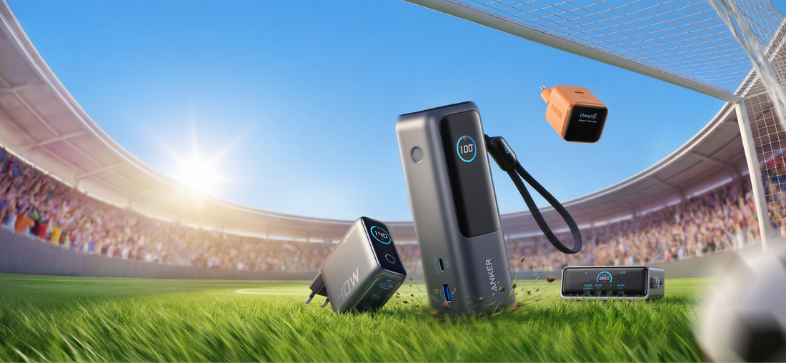 Anker powerbanks och laddare utomhus på gräsplan
