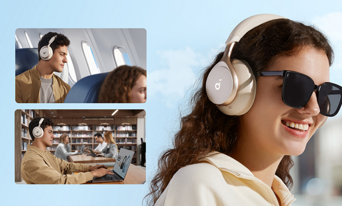 Användningsområden för brusreducerande over-ear-hörlurar på flyg, i bibliotek och utomhus