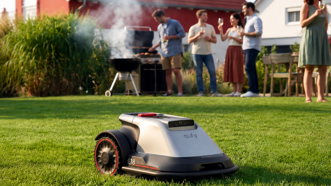 Eufy robotgräsklippare klipper gräset under en trädgårdsfest