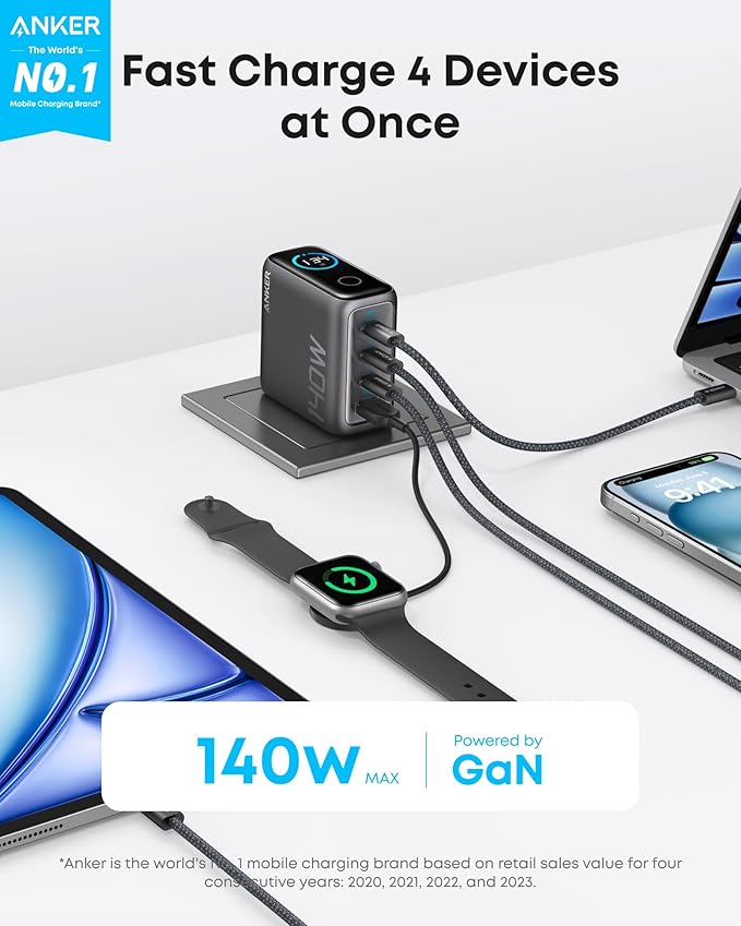 Anker Laptop Charger (140W, 4-Port, PD 3.1) with USB-C Cable
