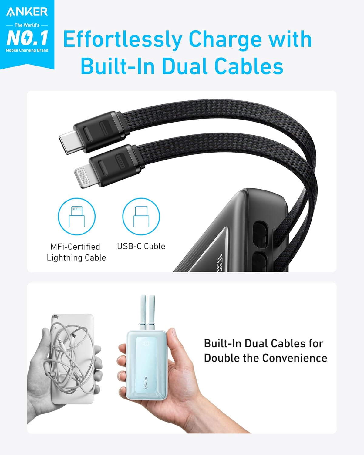 Anker Zolo Power Bank (10K, Built-In USB-C and Lightning Cable)