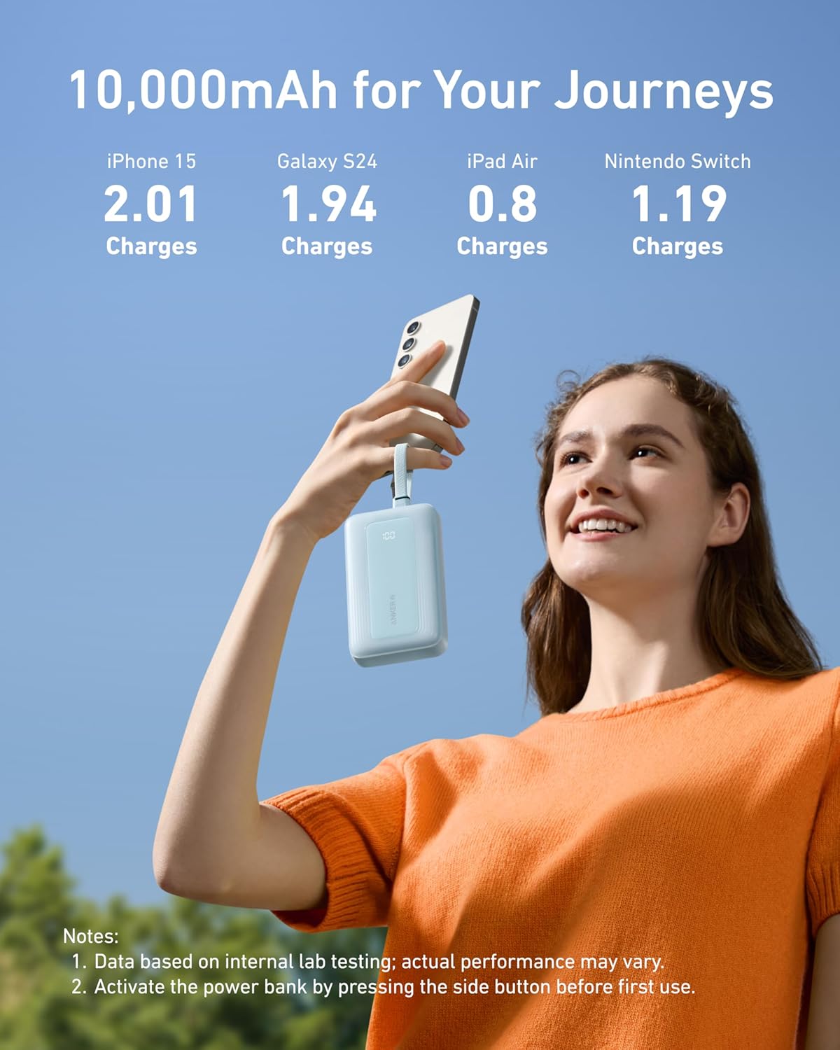 Anker Zolo Power Bank (10K, Built-In USB-C and Lightning Cable) Black