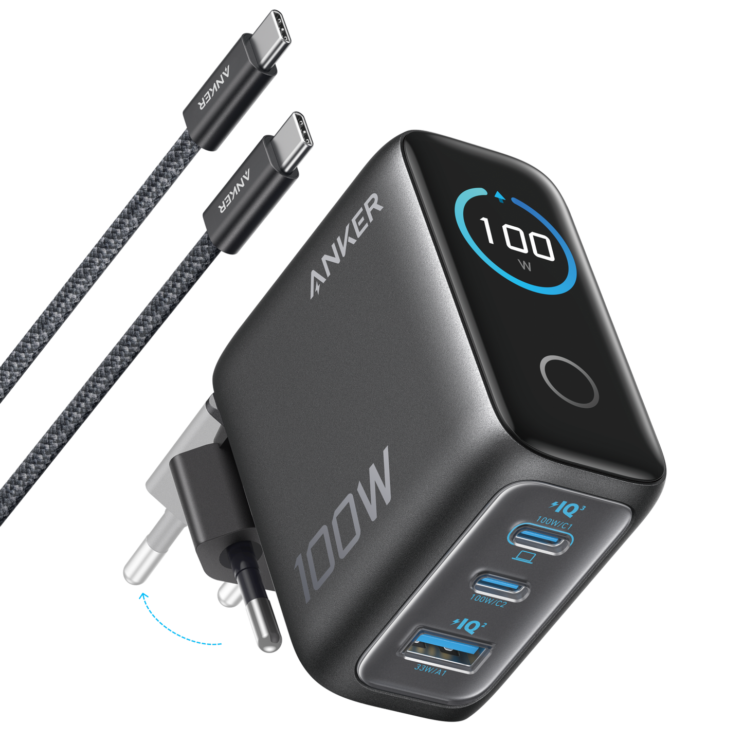 Anker Charger (100W, 3 Ports, Smart Display)