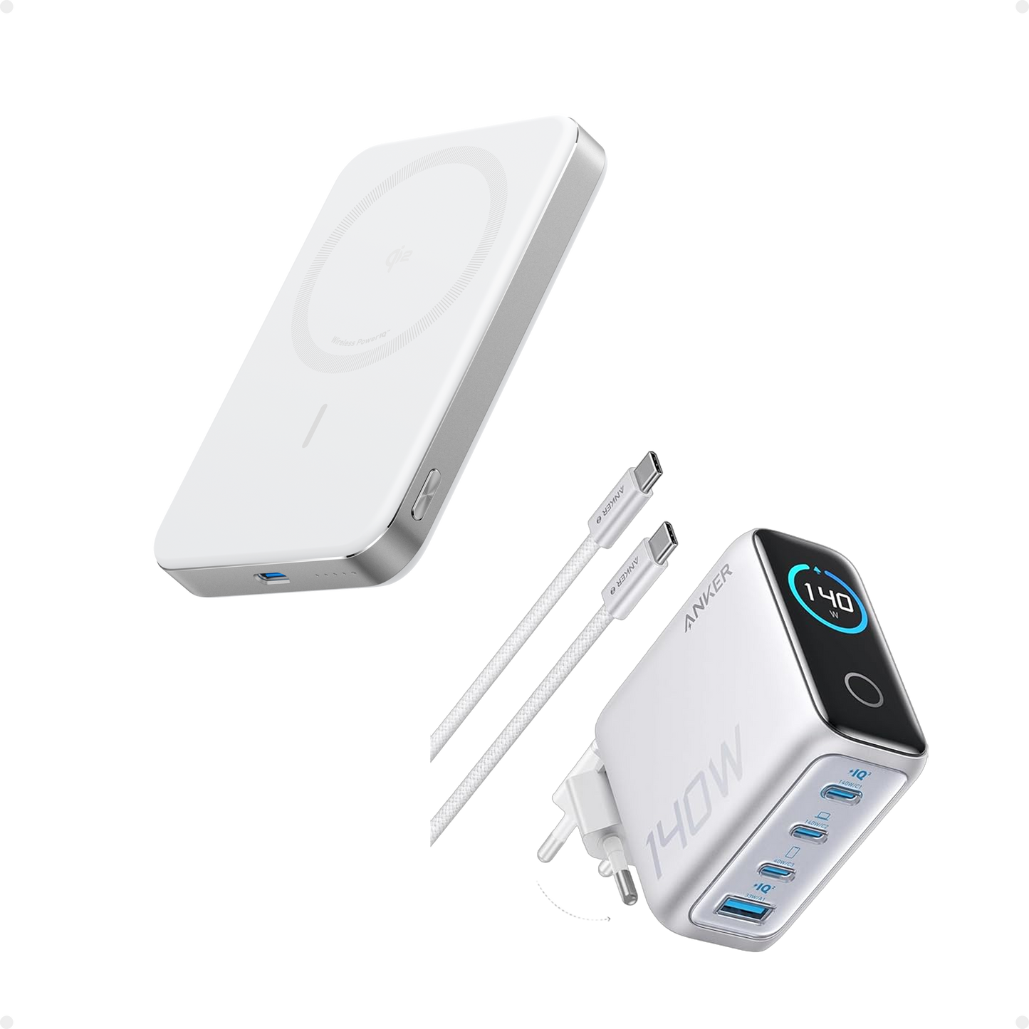 Anker Laptop Charger (140W, 4-Port, PD 3.1) with USB-C Cable + Anker MagGo Power Bank (10K, Slim) -Silver White