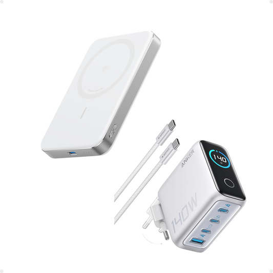 Anker Laptop Charger (140W, 4-Port, PD 3.1) with USB-C Cable + Anker MagGo Power Bank (10K, Slim) -Silver White
