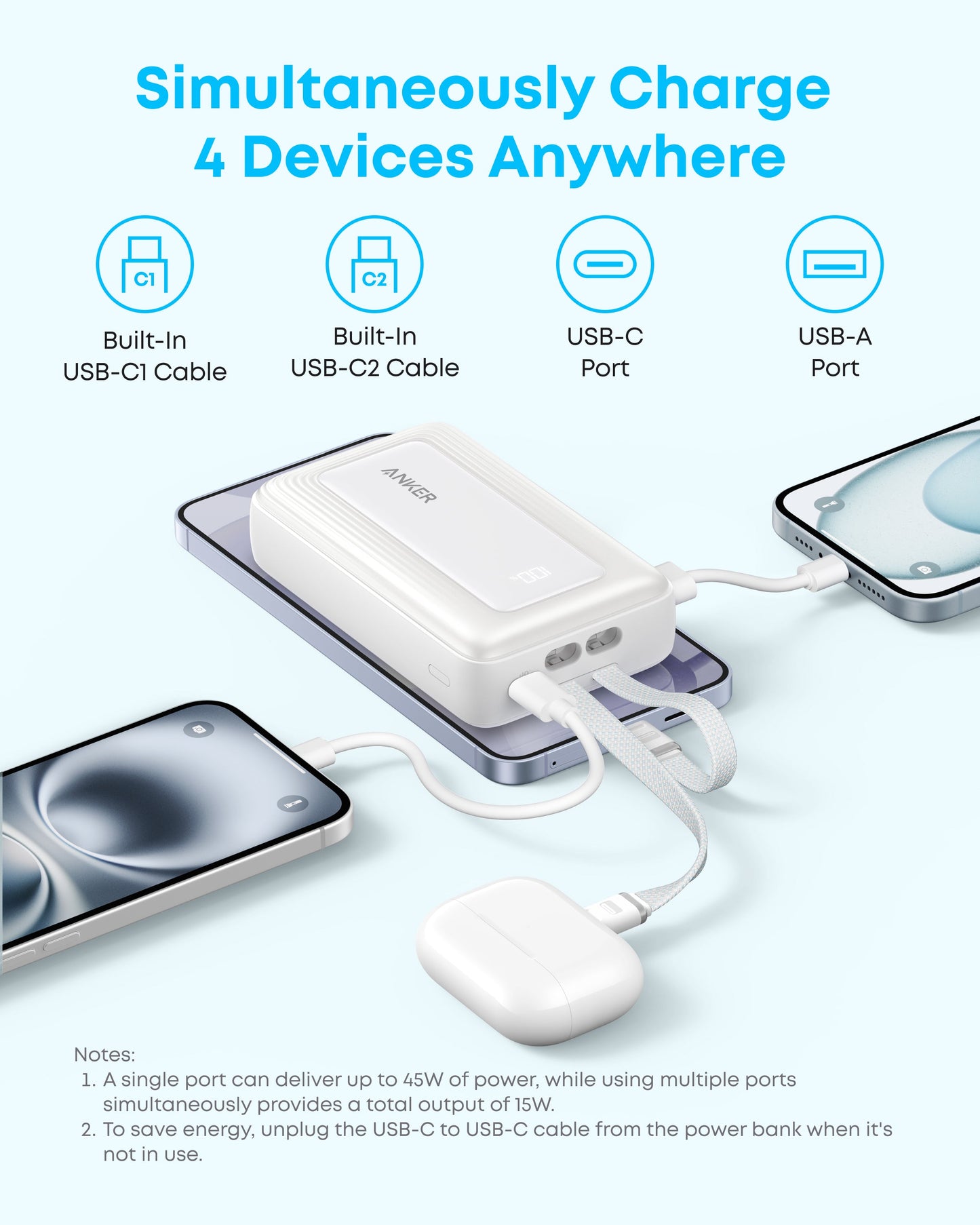 Anker Zolo Power Bank (20K, 45W, Built-In Dual USB-C Cables)