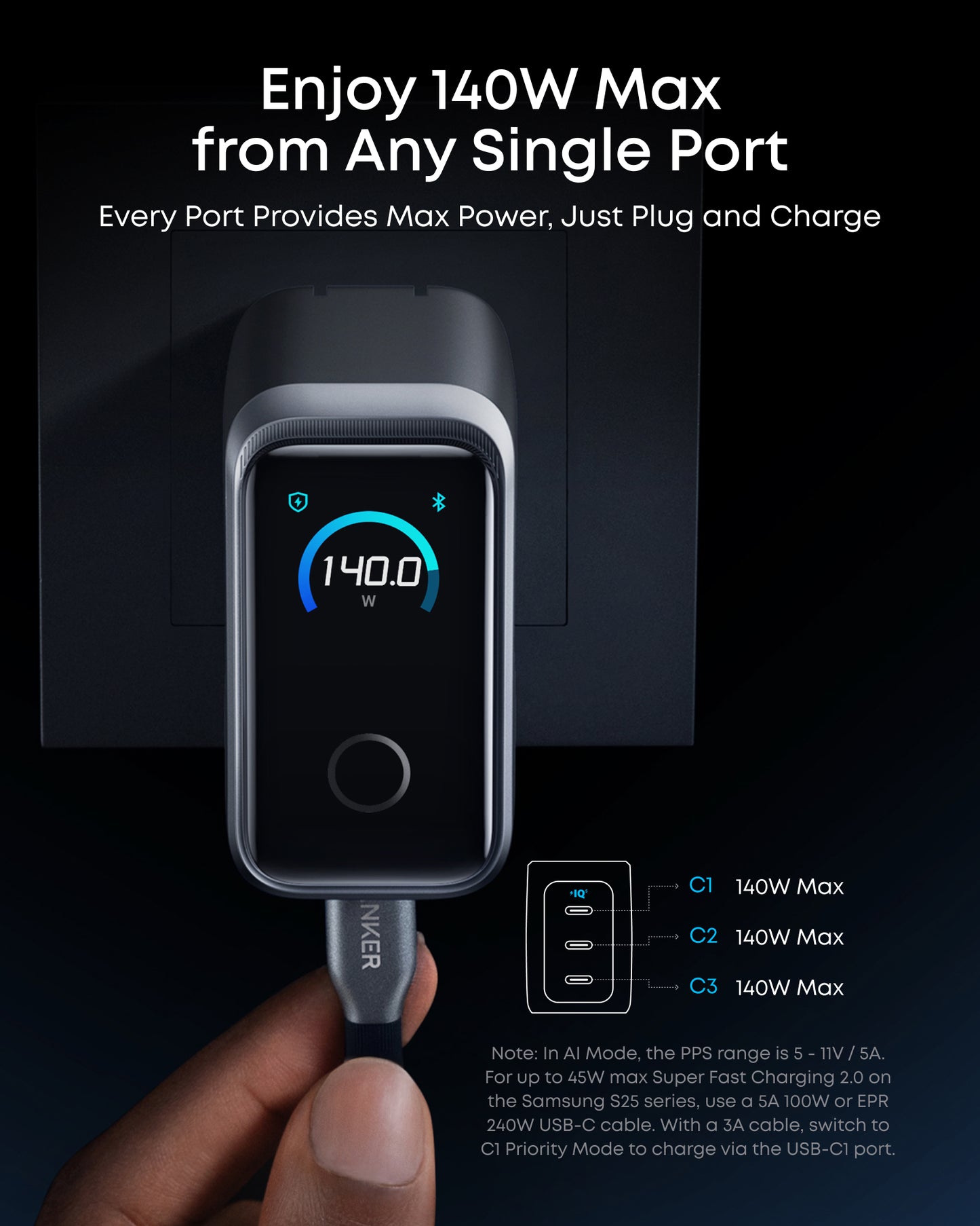 Anker Prime Charger (160W, 3 Ports, Smart Display) + Anker Prime USB-C to USB-C Cable (240W, Upcycled-Braided)