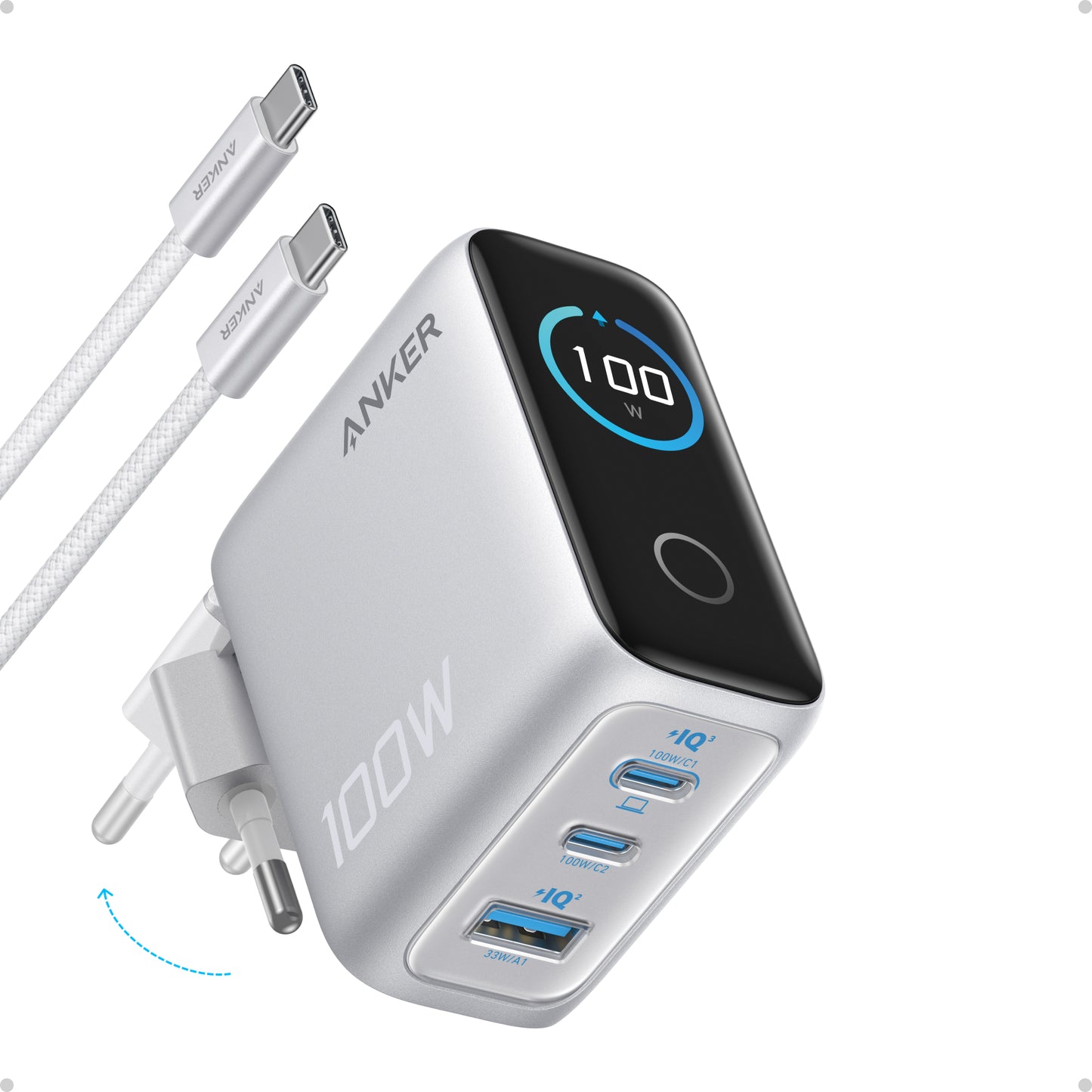 Anker Charger (100W, 3 Ports, Smart Display)