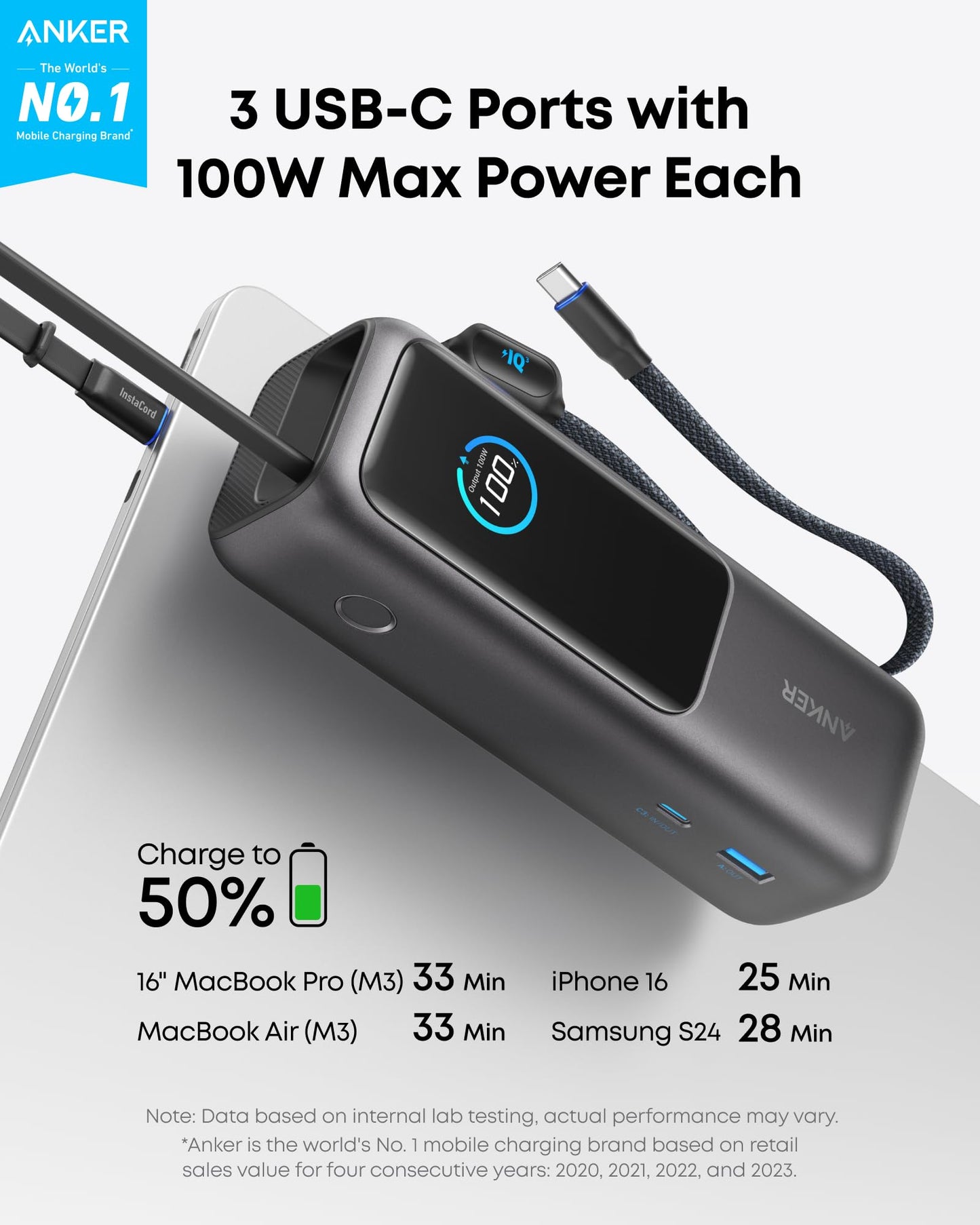 Anker Laptop Power Bank (25K, 165W, Built-In and Retractable Cables)