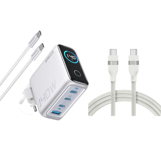 Anker Laptop Charger (140W, 4-Port, PD 3.1) with USB-C Cable + Anker USB-C to USB-C Cable (240W, Upcycled-Braided)