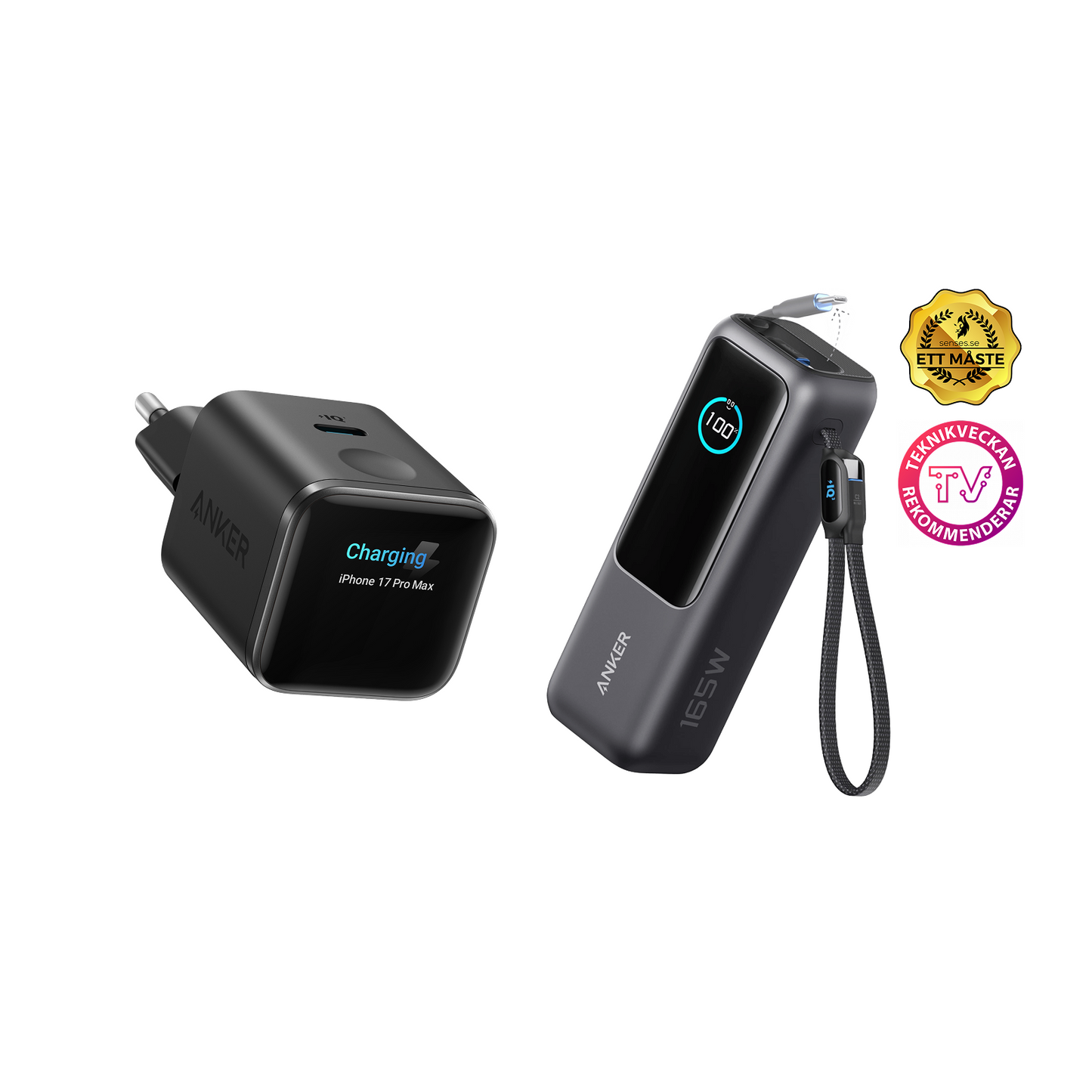 (Black) Anker Nano 45W Smart Display Charger + (Black) Anker Laptop Power Bank (25K, 165W, Built-In and Retractable Cables)