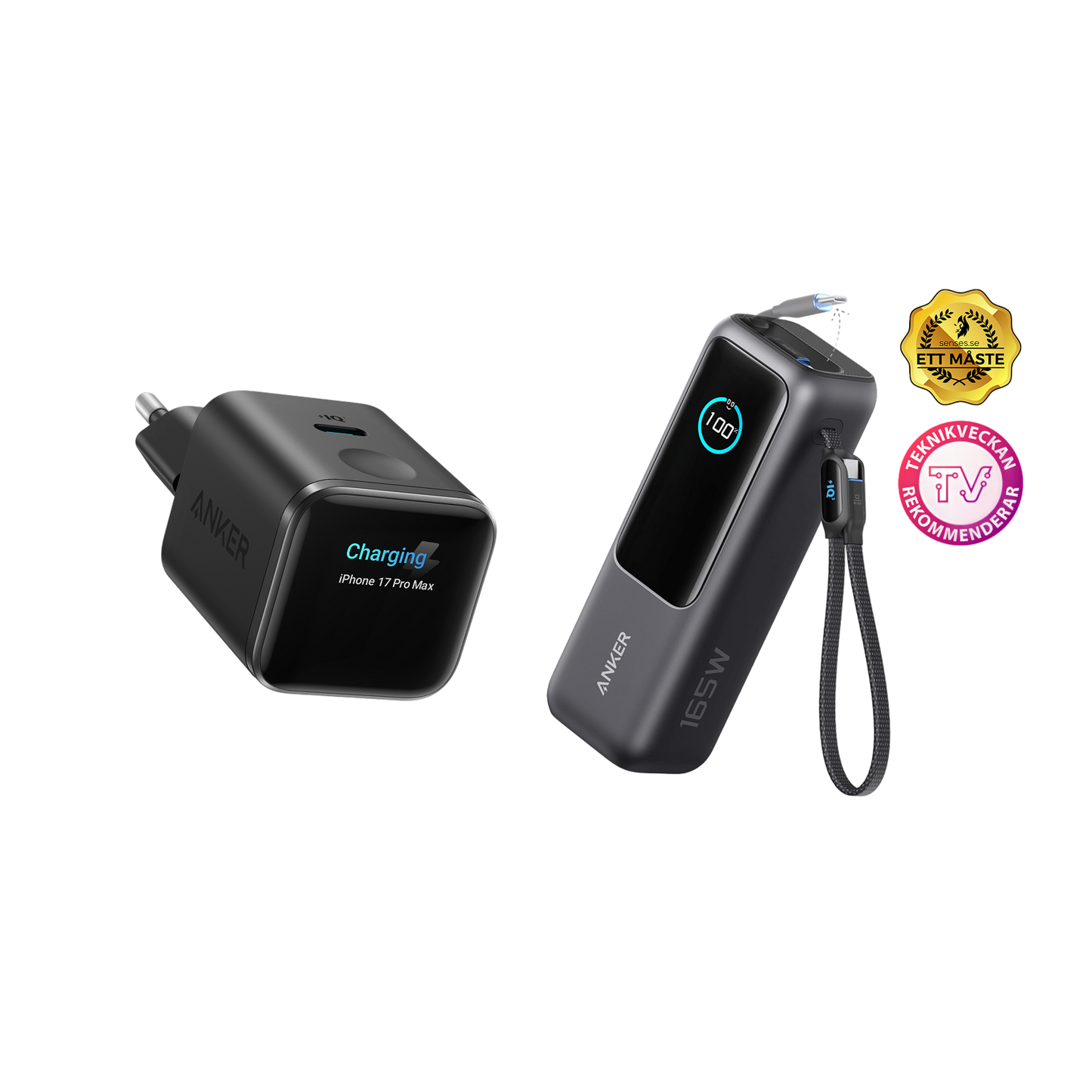 (Black) Anker Nano 45W Smart Display Charger + (Black) Anker Laptop Power Bank (25K, 165W, Built-In and Retractable Cables)