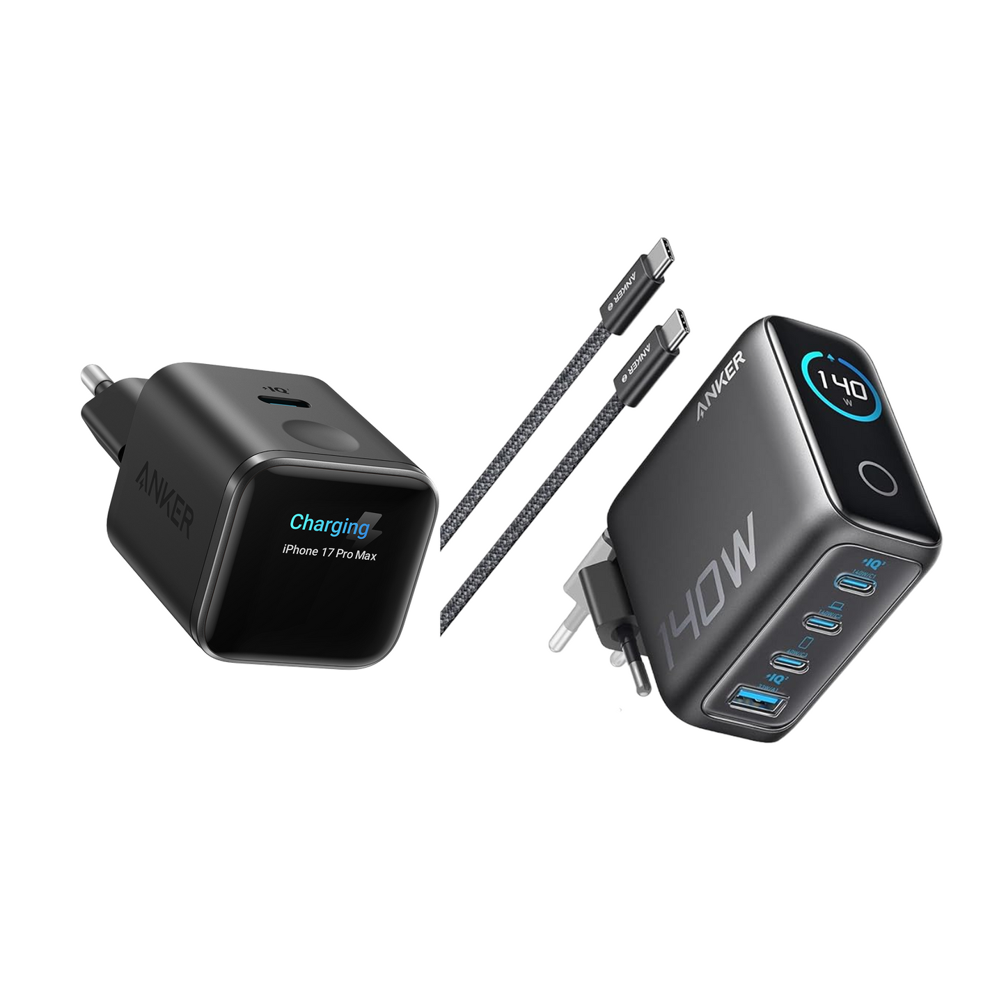 (Black) Anker Nano 45W Smart Display Charger + (Dark Gray) Anker Laptop Charger (140W, 4-Port, PD 3.1) with USB-C Cable