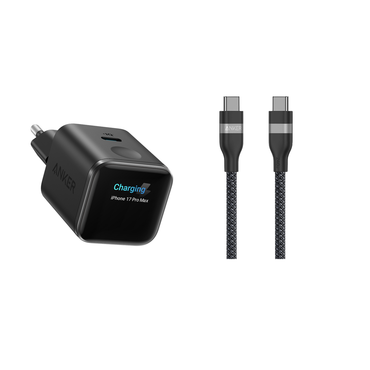 (Black) Anker Nano 45W Smart Display Charger + (0.9m Black) Anker USB-C to USB-C Cable (240W, Upcycled-Braided)