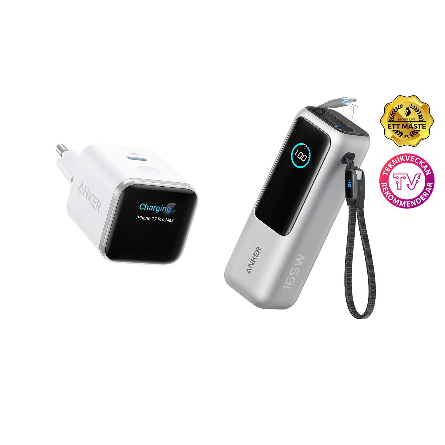 (White) Anker Nano 45W Smart Display Charger + (Silver) Anker Laptop Power Bank (25K, 165W, Built-In and Retractable Cables)