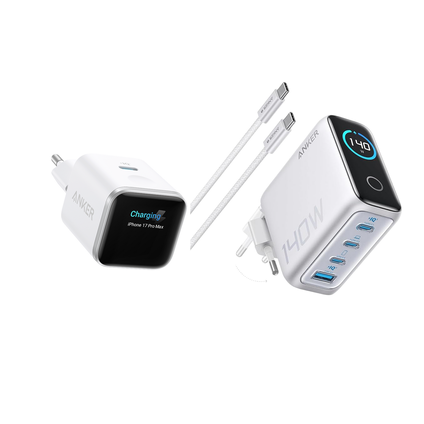 (White) Anker Nano 45W Smart Display Charger + (Silver) Anker Laptop Charger (140W, 4-Port, PD 3.1) with USB-C Cable