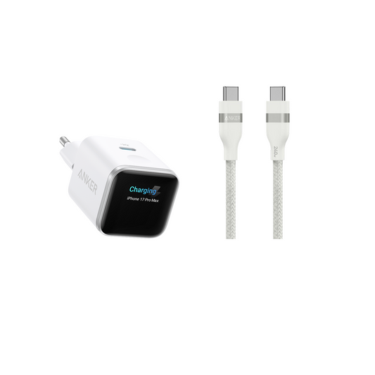 (White) Anker Nano 45W Smart Display Charger + (0.9m White) Anker USB-C to USB-C Cable (240W, Upcycled-Braided)