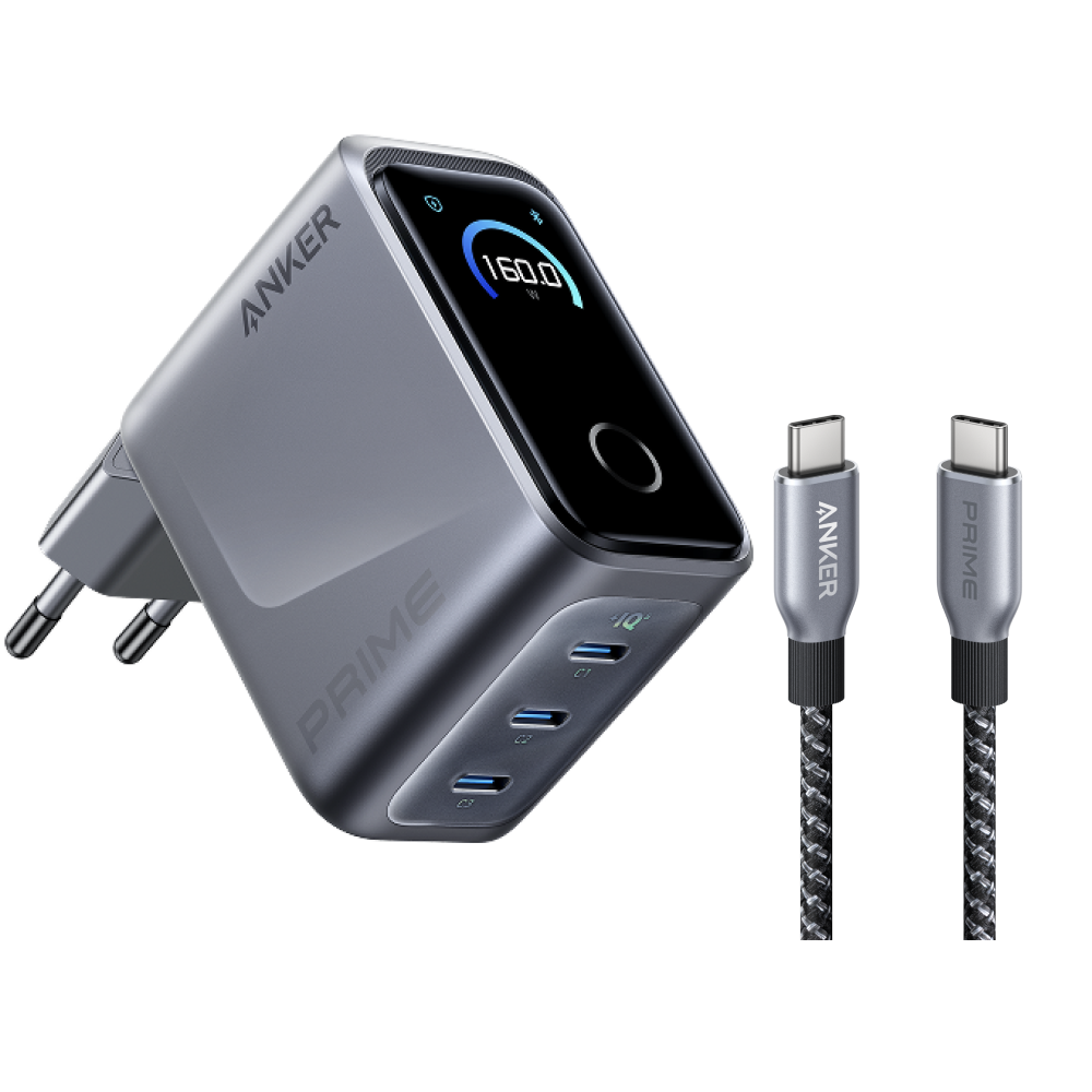 Anker Prime Charger (160W, 3 Ports, Smart Display) + Anker Prime USB-C to USB-C Cable (240W, Upcycled-Braided)