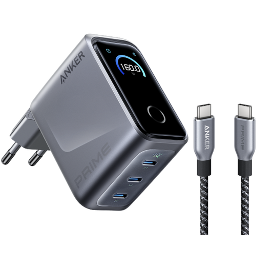 Anker Prime Charger (160W, 3 Ports, Smart Display) + Anker Prime USB-C to USB-C Cable (240W, Upcycled-Braided)
