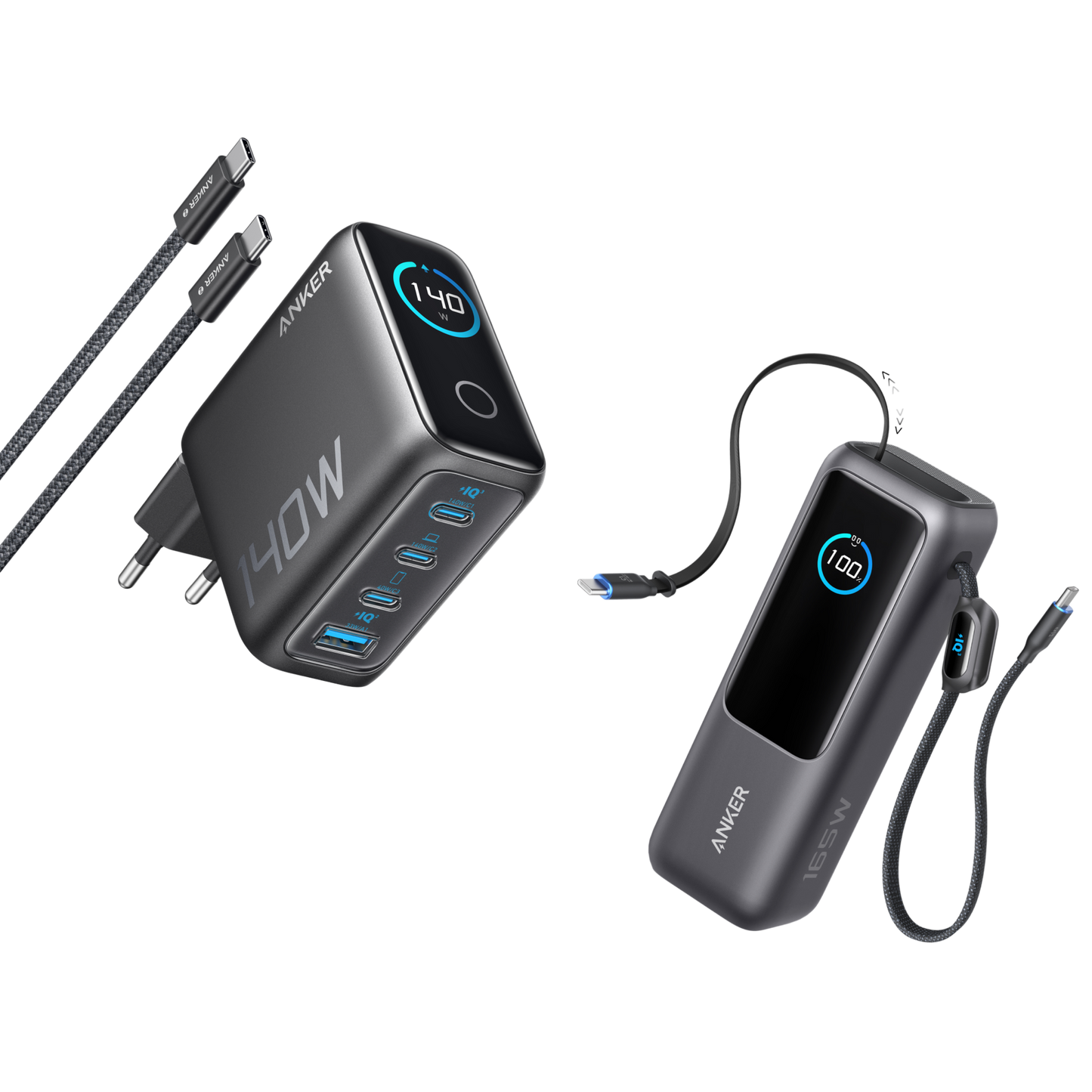 Anker Laptop Charger (140W, 4-Port, PD 3.1) with USB-C Cable + Anker Laptop Power Bank (25K, 165W, Built-In and Retractable Cables)