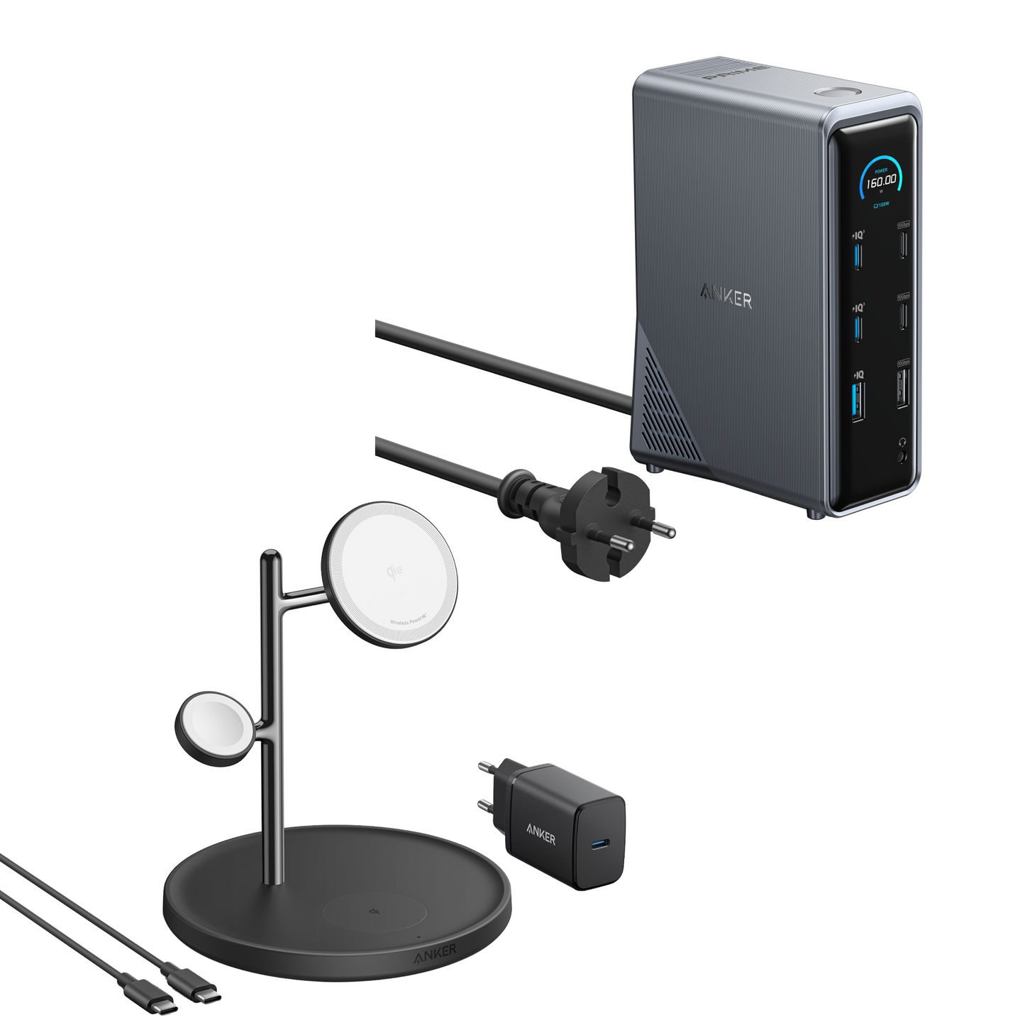 Anker Prime Charging Docking Station (14-in-1, Dual Display, 160W) + Anker MagGo Wireless Charging Station (3-in-1 Stand)
