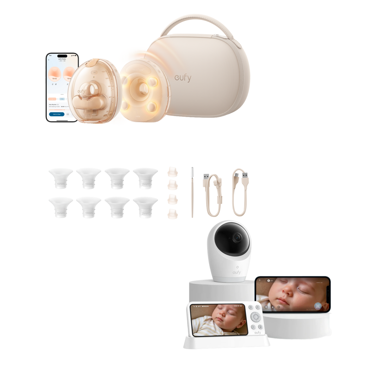 eufy S2 Pro Massaging Heated Electric Breast Pump with Charging Case + eufy Baby Monitor E21