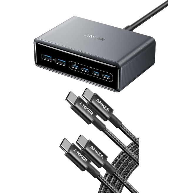 Anker Prime Charger (200W, 6 Ports, GaN) + USB-C to USB-C Cable (6ft, Braided, 100W) 2Pack Black