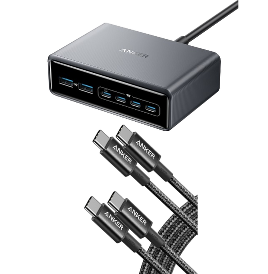Anker Prime Charger (200W, 6 Ports, GaN) + USB-C to USB-C Cable (6ft, Braided, 100W) 2Pack Black