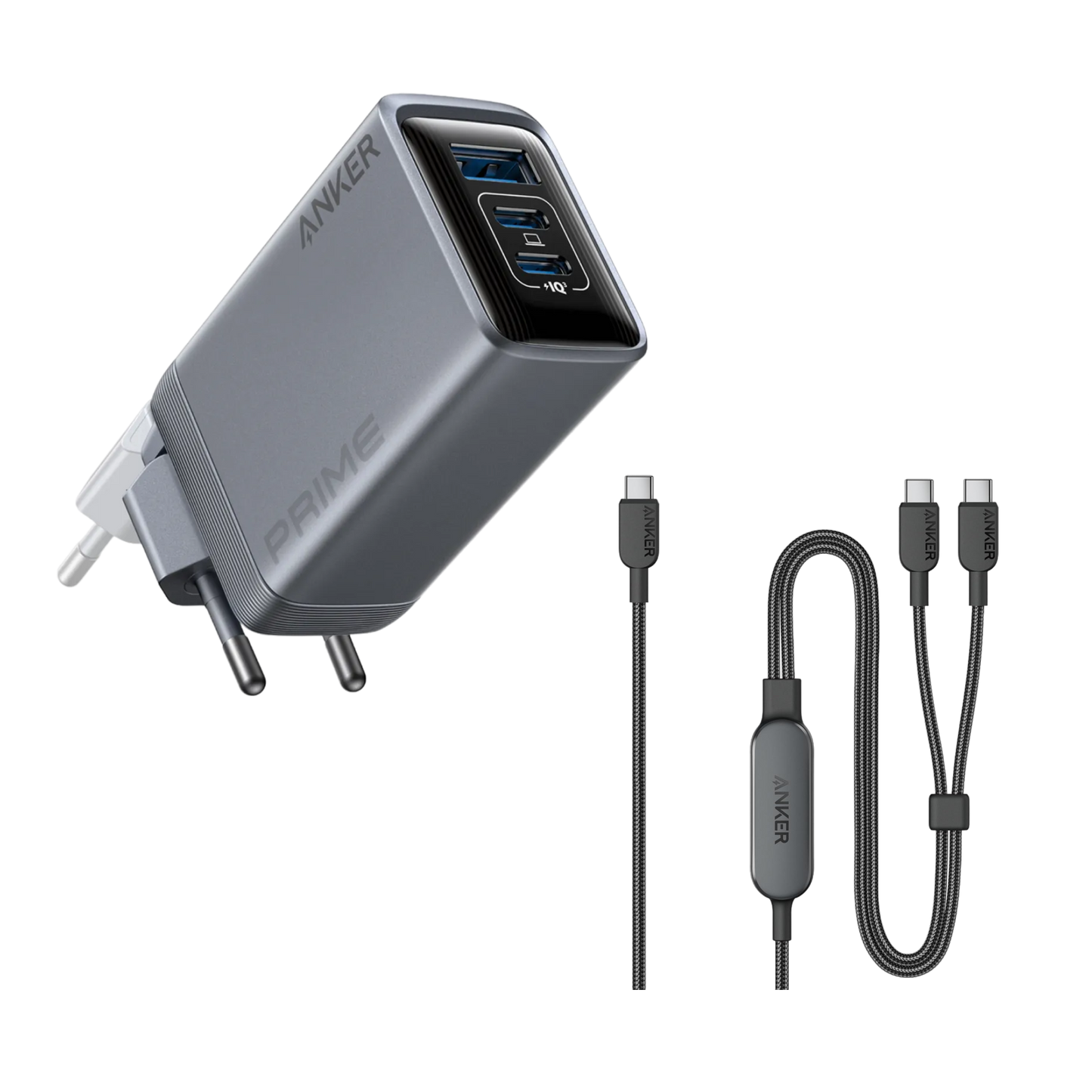 Anker Prime Charger (100W, 3 Ports, GaN) + Anker 2-in-1 USB-C to USB-C Cable (1.2m, 140W, Braided)