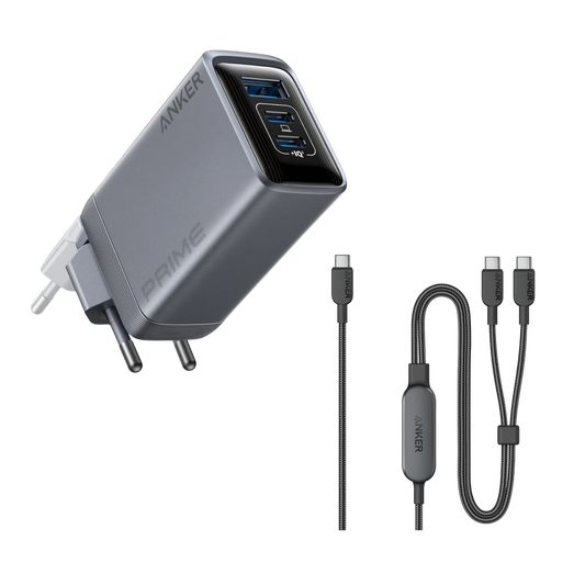 Anker Prime Charger (100W, 3 Ports, GaN) + Anker 2-in-1 USB-C to USB-C Cable (1.2m, 140W, Braided)