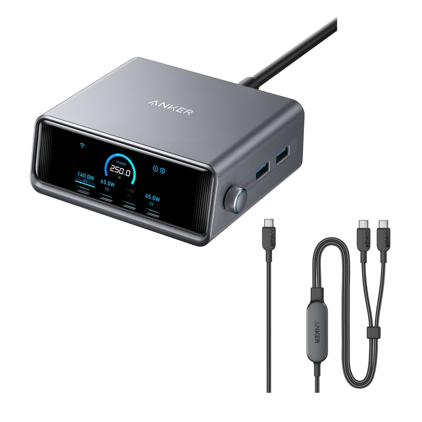 Anker Prime Charger (250W, 6 Ports, GaNPrime) + Anker 2-in-1 USB-C to USB-C Cable (1.2m, 140W, Braided)