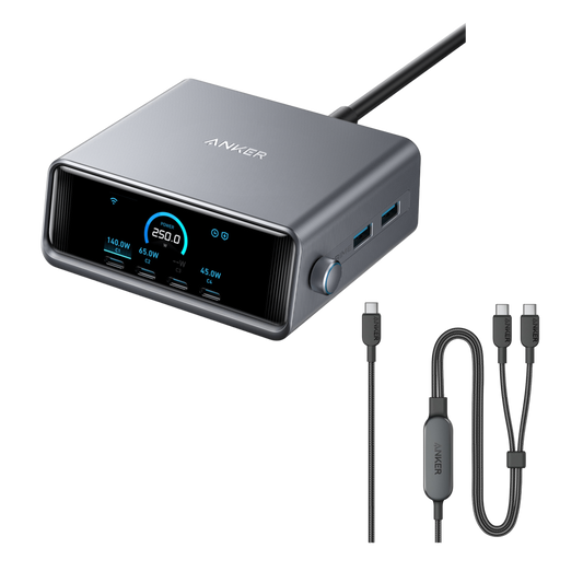 Anker Prime Charger (250W, 6 Ports, GaNPrime) + Anker 2-in-1 USB-C to USB-C Cable (1.2m, 140W, Braided)