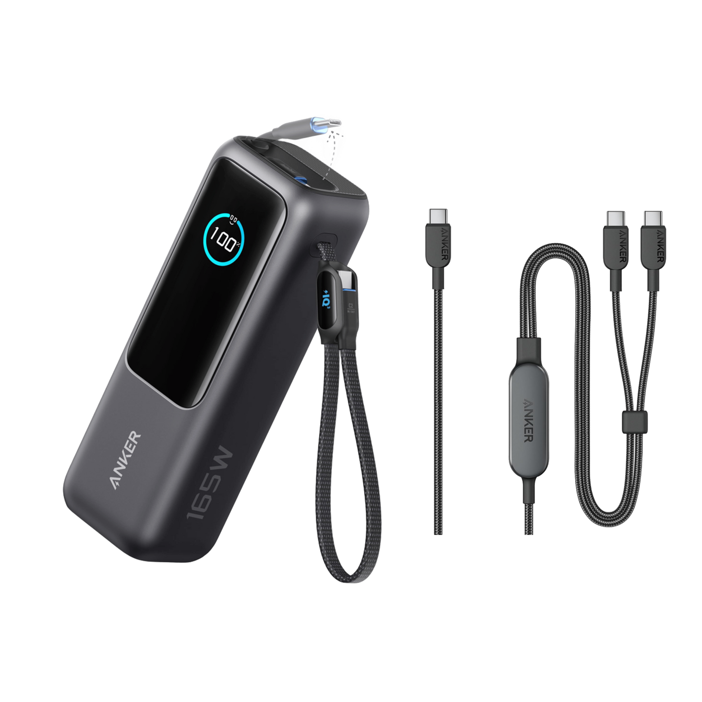 Anker Laptop Power Bank (25K, 165W, Built-In and Retractable Cables) + Anker 2-in-1 USB-C to USB-C Cable (1.2m, 140W, Braided)