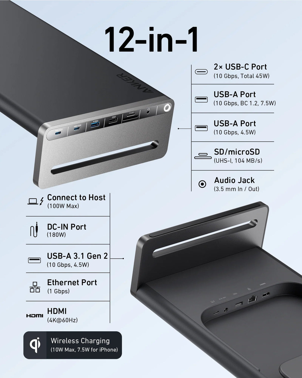 Anker &lt;b&gt;675&lt;/b&gt; USB-C Docking Station (12-in-1, Monitor Stand, Wireless)