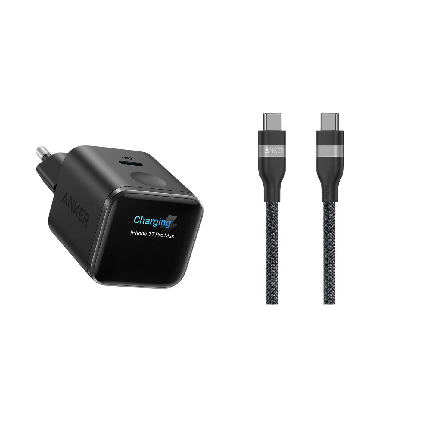(Black) Anker Nano 45W Smart Display Charger + (0.9m Black) Anker USB-C to USB-C Cable (240W, Upcycled-Braided)
