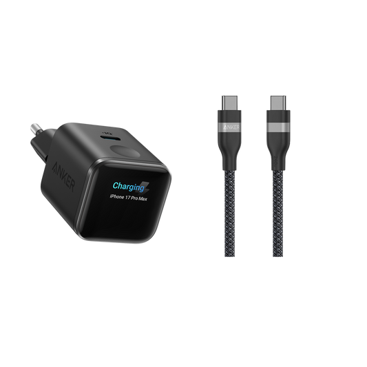 (Black) Anker Nano 45W Smart Display Charger + (0.9m Black) Anker USB-C to USB-C Cable (240W, Upcycled-Braided)