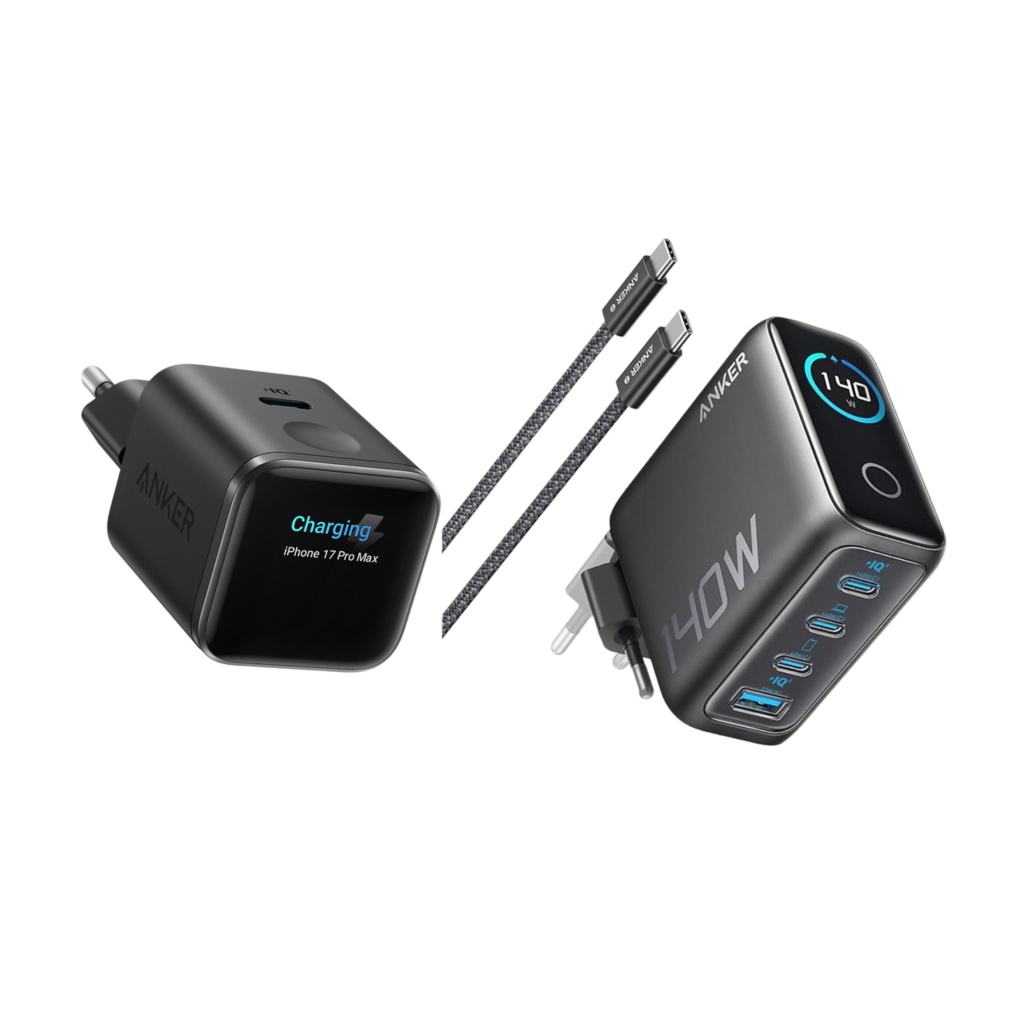 (Black) Anker Nano 45W Smart Display Charger + (Dark Gray) Anker Laptop Charger (140W, 4-Port, PD 3.1) with USB-C Cable