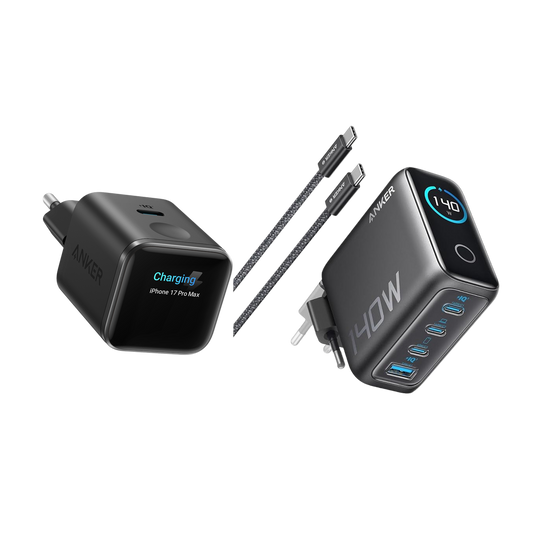 (Black) Anker Nano 45W Smart Display Charger + (Dark Gray) Anker Laptop Charger (140W, 4-Port, PD 3.1) with USB-C Cable