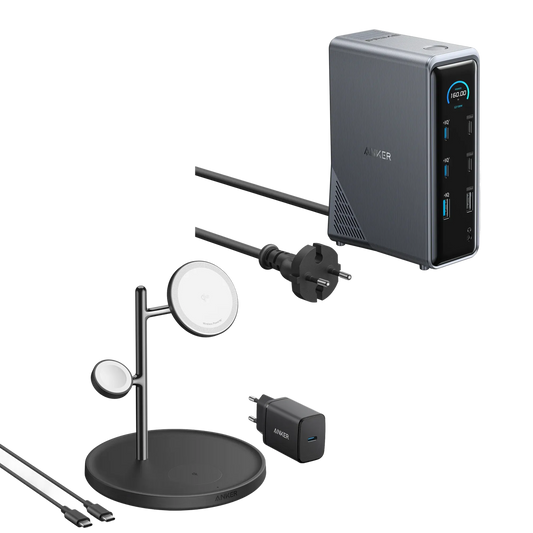 Anker Prime Charging Docking Station (14-in-1, Dual Display, 160W) + Anker MagGo Wireless Charging Station (3-in-1 Stand)